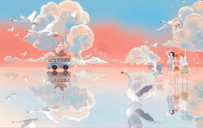 风景 少女 云 小清新 治愈 蓝色 天空 壁纸 插画 美图 唯美 色彩 动漫