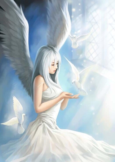 梦幻画境:白鸽与清丽的白衣天使女孩.