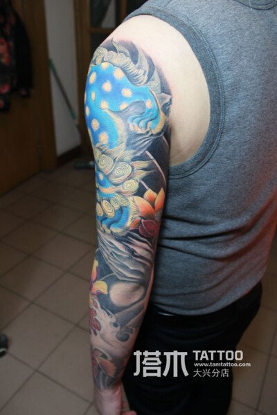 花臂纹身图案,小臂是鲤鱼荷花纹身,大臂是唐狮纹身.