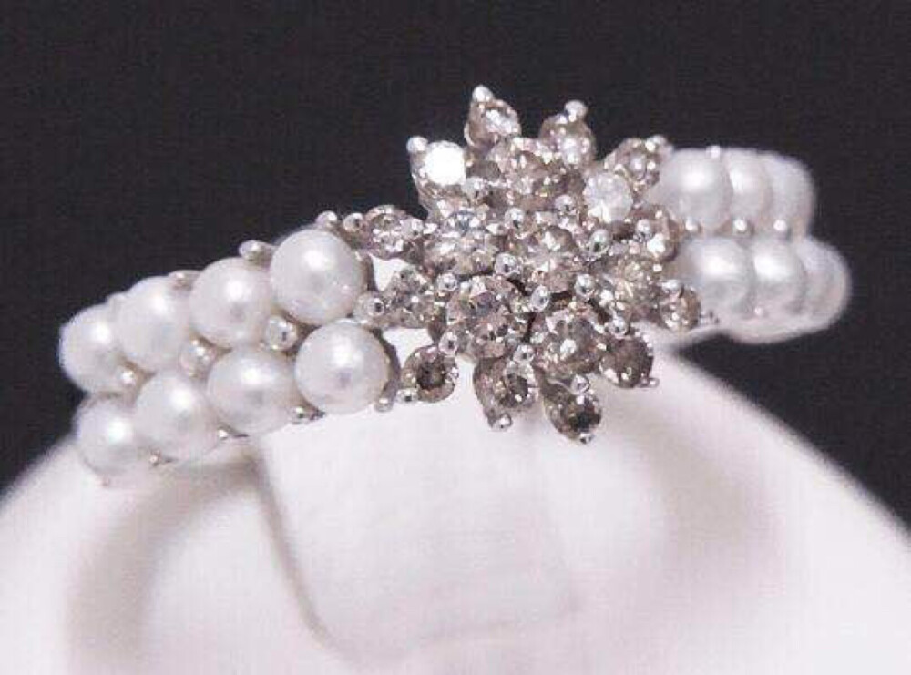 日本制高级珠宝 18k白金镶嵌珍珠钻石戒指,新品#52(国内12号)可更改