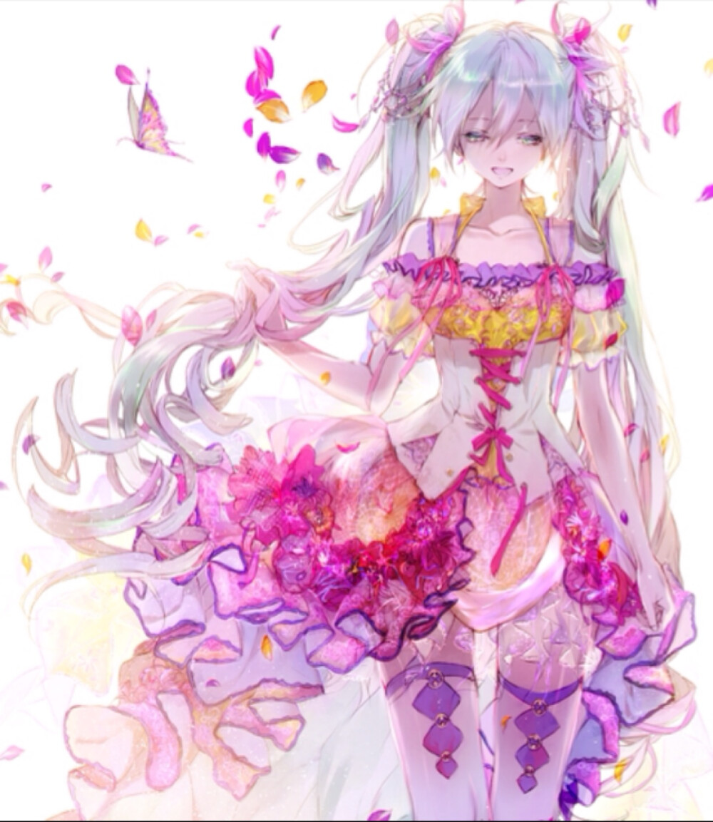 p站 初音未来 梦幻 花瓣 动漫美少女 萌系 软妹 小清新 手绘插画 同人