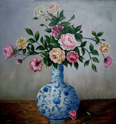 静物油画—青花瓷瓶上的美丽插花