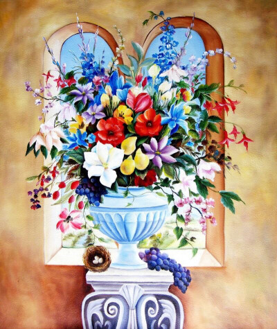 静物油画—花瓶上艳丽的插花