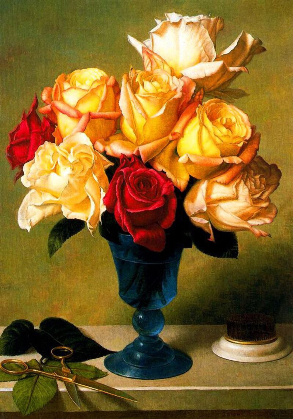 花卉油画修剪枝叶玻璃花瓶的盛开玫瑰花