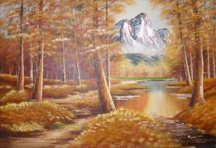 秋季雪山下的树林风景油画