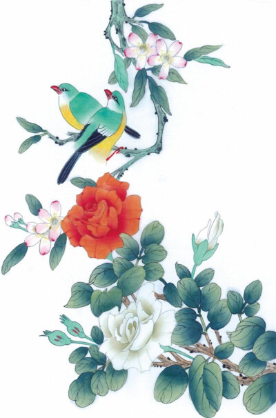 工笔画—开花的树枝上的喜鹊