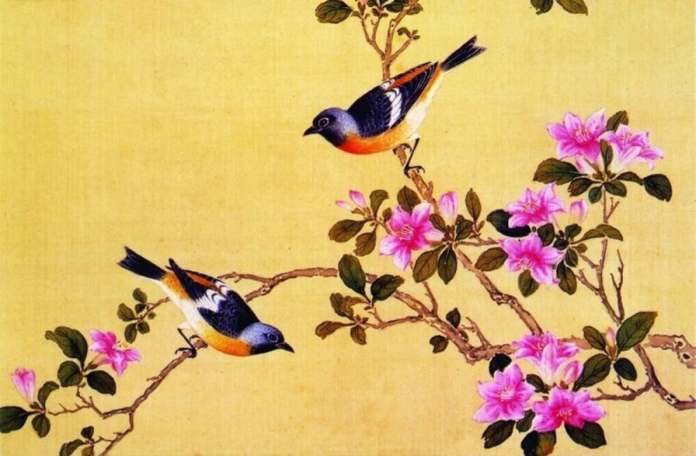 工笔画—开满粉色花朵的树枝上的喜鹊