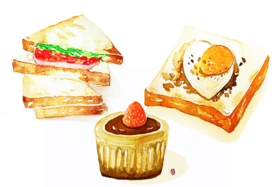 手绘水彩 美食食物 面包三明治 蛋糕