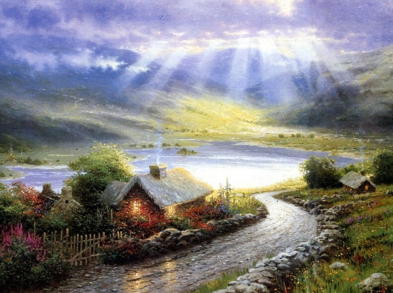 温馨田园风景油画.出自-thomas kinkade.