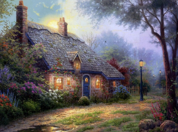 温馨田园风景油画.出自-thomas kinkade.