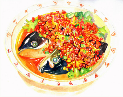 手绘水彩 美食食物 涂鸦插图 剁椒鱼头