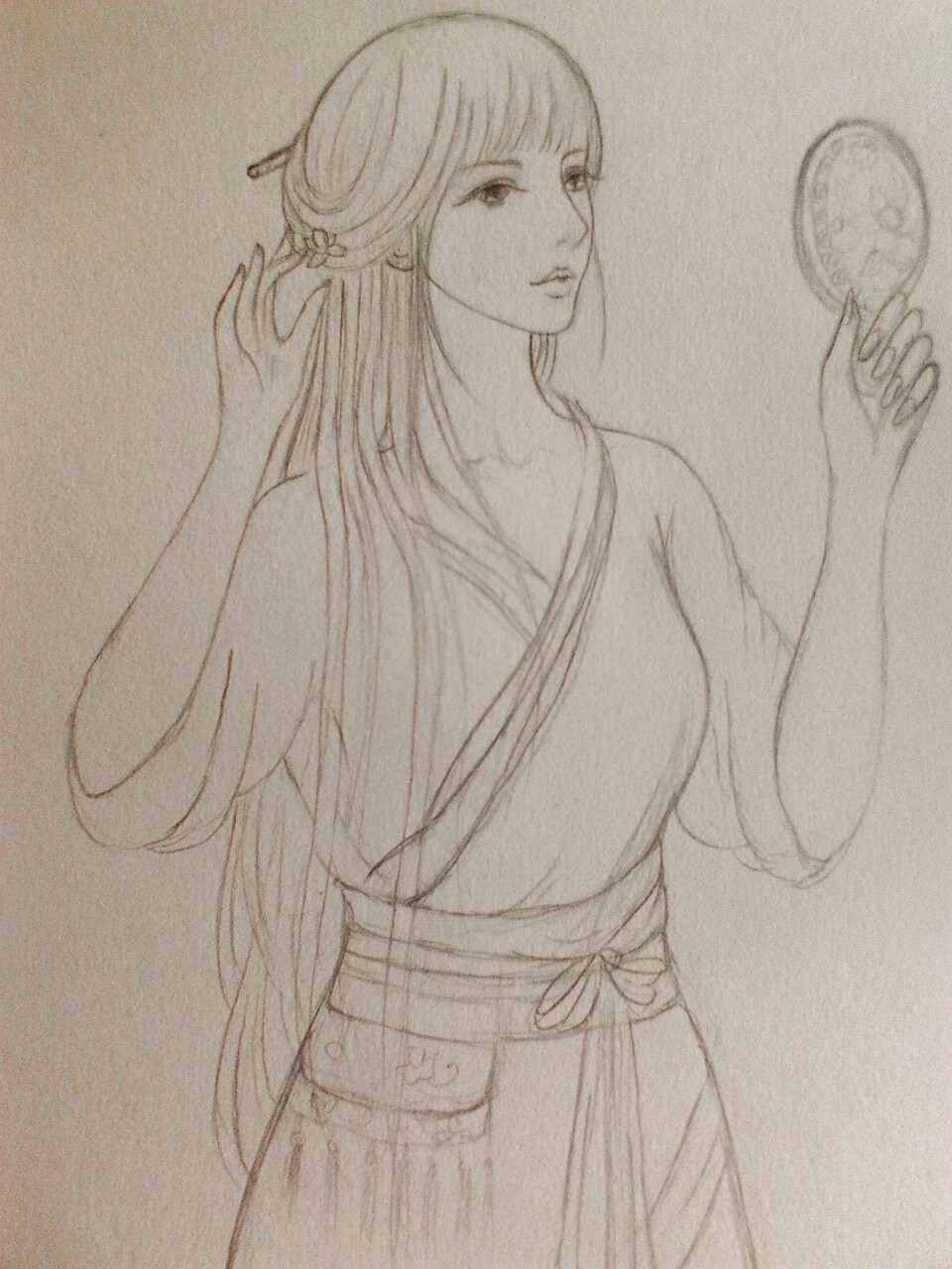 手绘 古风 女子 线稿 对镜贴花黄