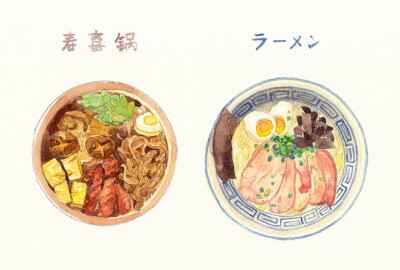 手绘水彩 美食食物 寿喜锅拉面 日本料理 插图插画涂鸦