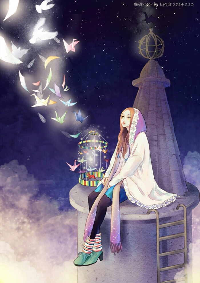 蓝色 冷色系 p站 二次元 动漫 插画 壁纸 意境 唯美 少女 星空