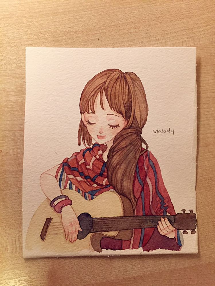 水粉彩铅 插画 吉他少女