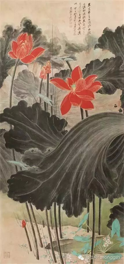 张大千《金线荷花》 178×87cm 1954年作