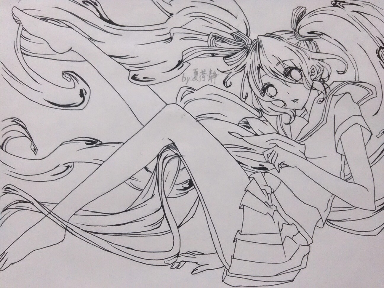 初音未来 线稿 钢笔勾线 by:夏荷·静