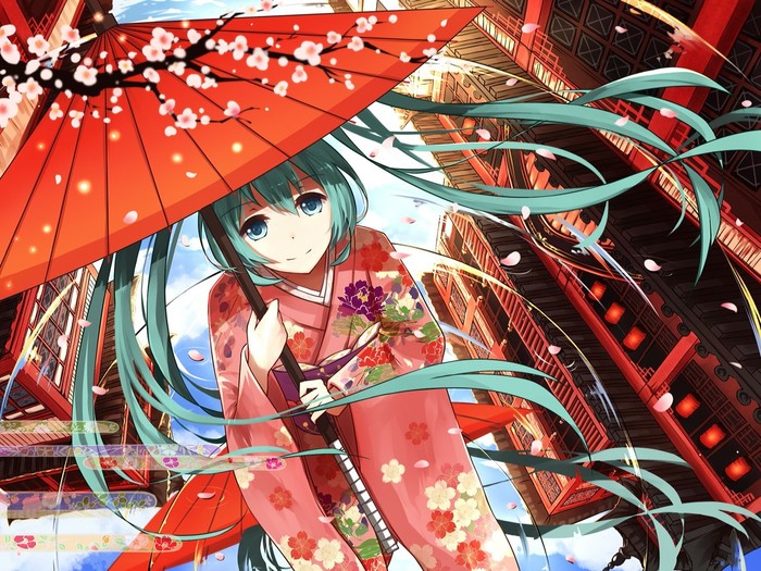 初音 和服 油纸伞