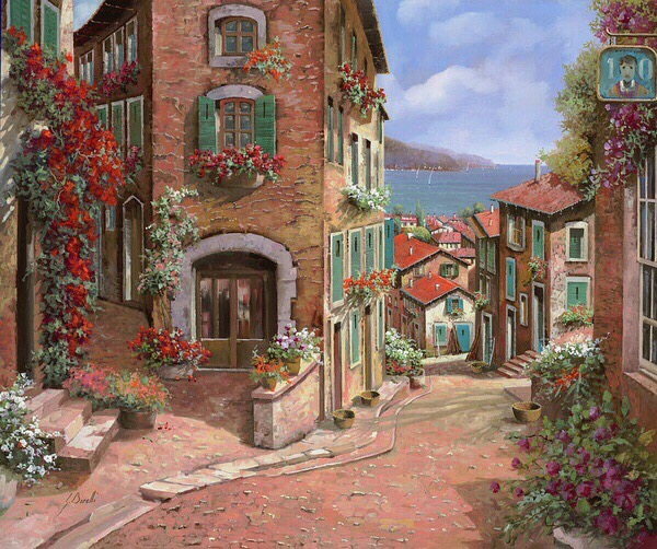 【午后的阳光,熟悉的街道】--guido borelli 欧洲风景油画