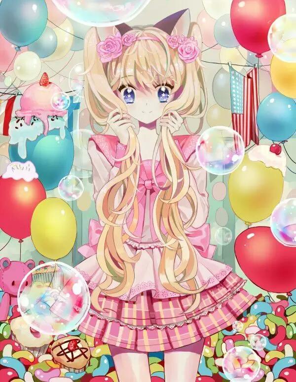 此间二次元二次元美少女气球双马尾萌萌哒动漫插画唯美