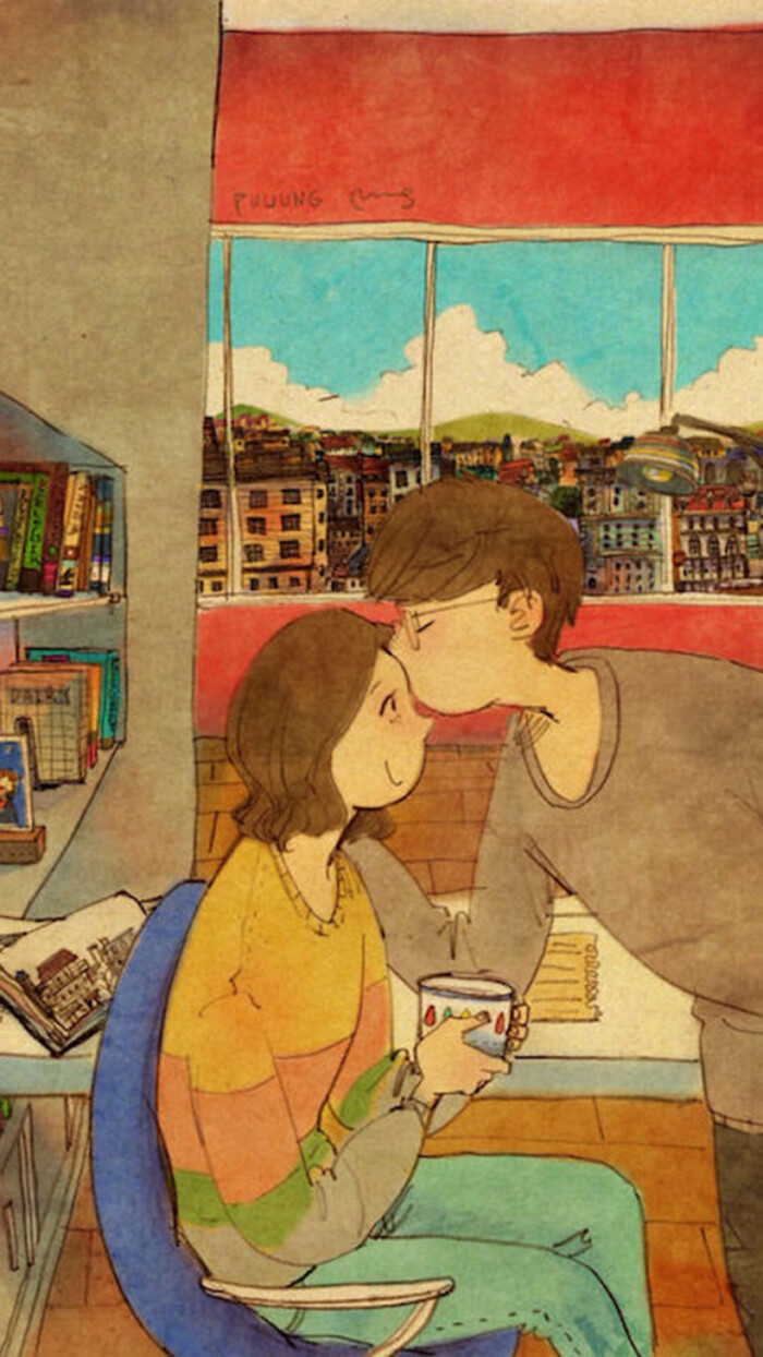 韩国插画师puuung的暖心爱情故事插画 壁纸 (kiss)more powerful pick