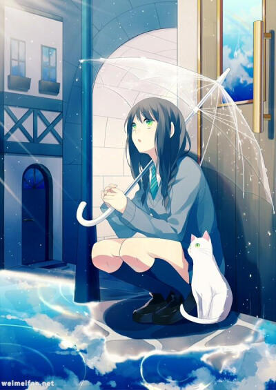 雨天 撑伞少女 猫咪 动漫