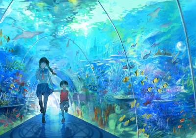 二次元插画,场景,[pixiv站] 星期天的水族馆!