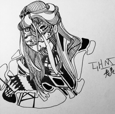 唯美拽哭小清新二次元怪兽美少女黑白插画小清新炫酷头像壁纸手绘原创