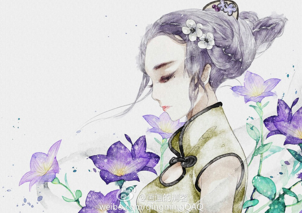 【授权搬运】#插画#手绘#少女#唯美#水彩#古风#旗袍#桔梗花#二次元