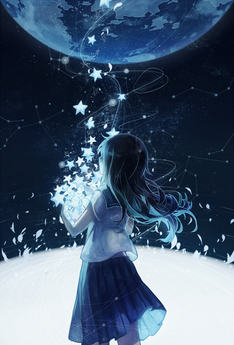 美少女 夜空 壁纸 唯美 二次元 梦幻 动漫 流星 星星 蓝色系 可爱 萌