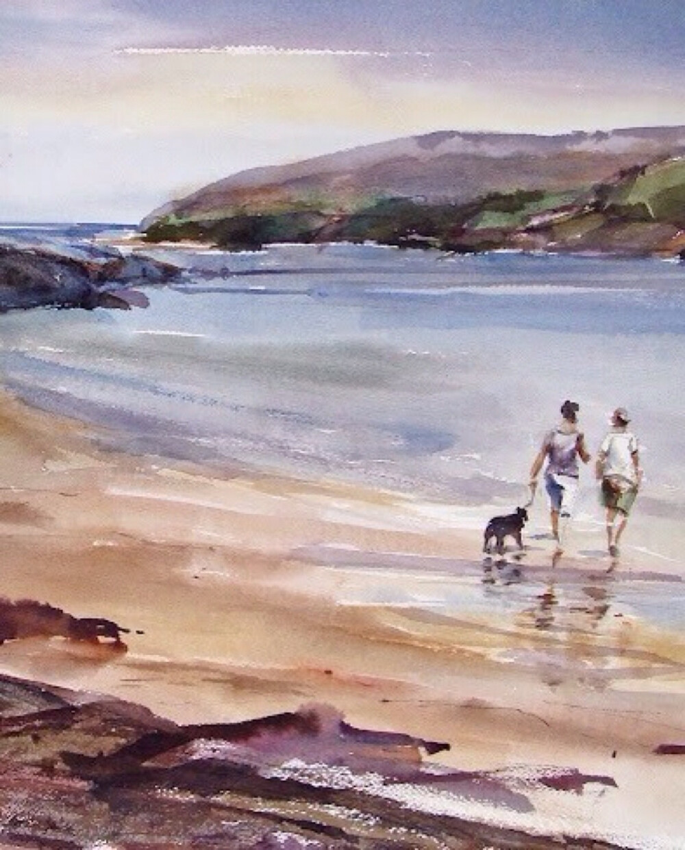 清新水彩画 自然风景 沙滩 海洋 人物 温馨 手绘 唯美壁纸 插画