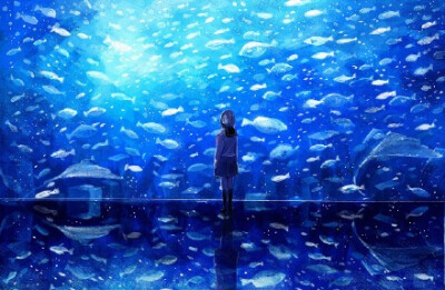 一组蓝色梦幻风格的水族馆主题插画图片作品,有小鱼,有钢琴,还有安静