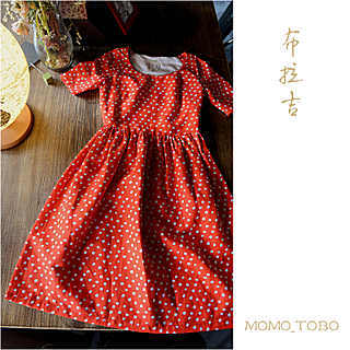 momo_tobo 5月新品 亚麻连衣裙 四分袖 圆领 -布拉吉