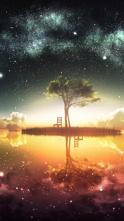唯美夜空 星空 星光熠熠 水中倒影 自然奇景 树木 意境 唯美风景