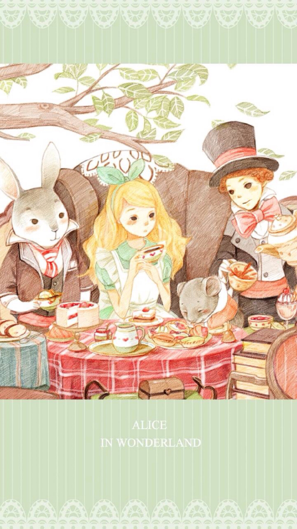 (*)爱丽丝梦游仙境,兔子的下午茶time,,彩铅绘画,壁纸,手帐素材