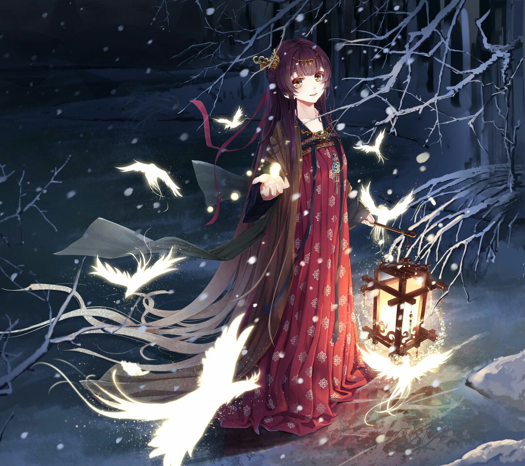 中国风 古风 古典美人 唯美 动漫美少女 雪夜 灯笼 林间 壁纸古装美人