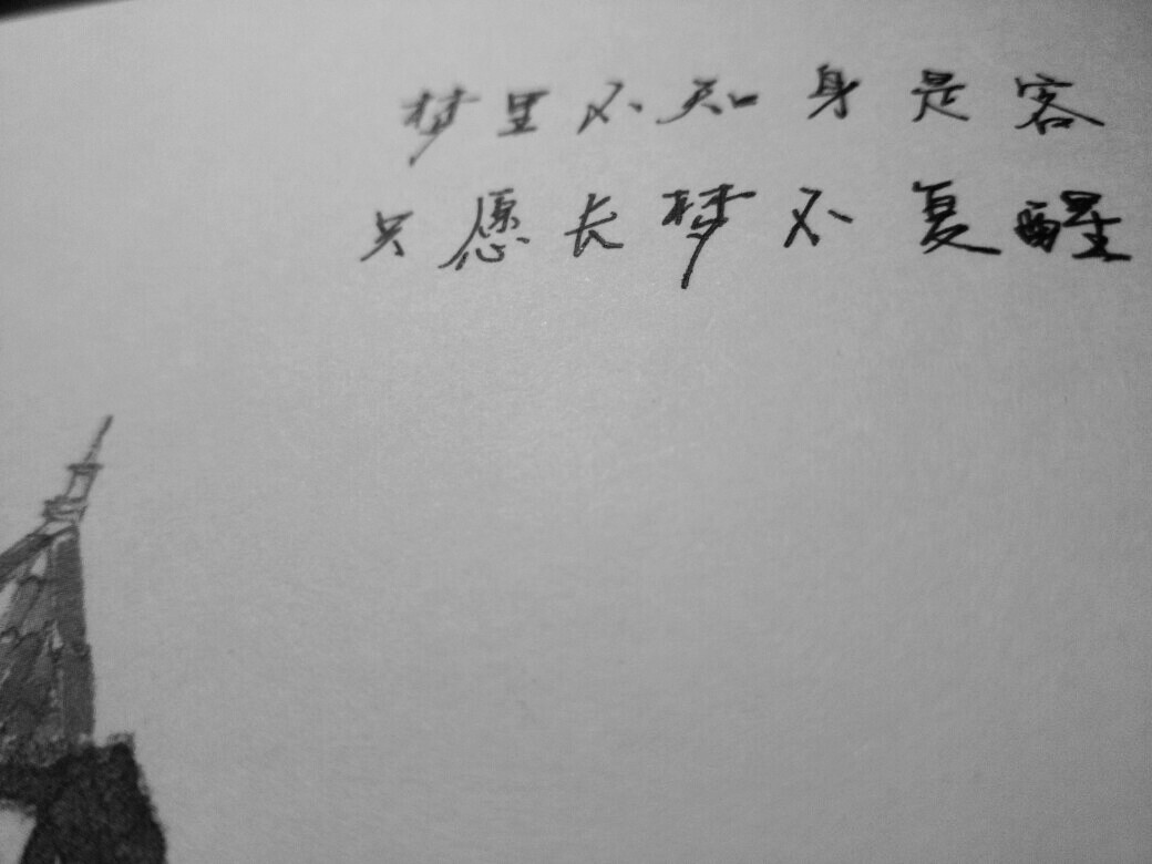 只愿长梦不复醒. 手写文字.