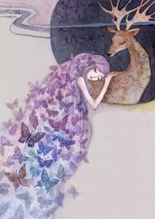 【插画,绘画,水彩,小清新,唯美,壁纸,少女与鹿】