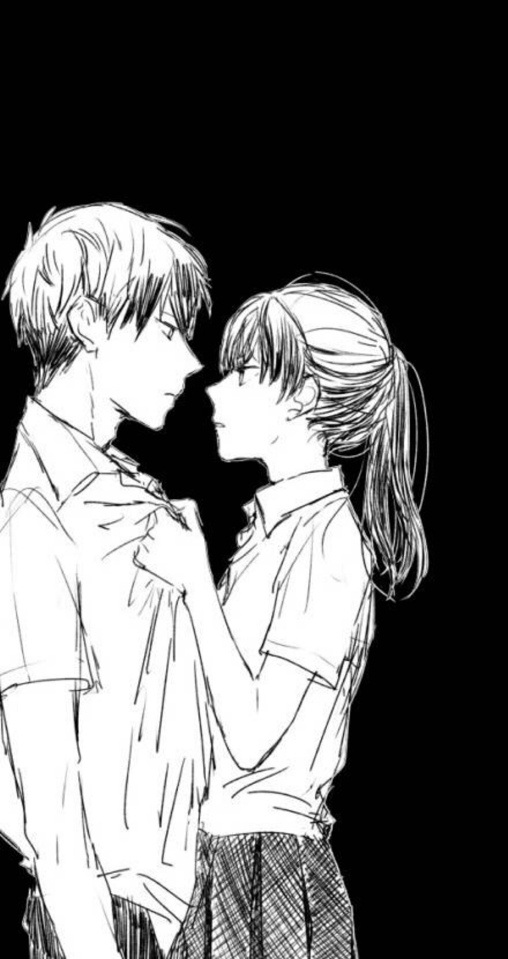 黑白动漫情侣头像原图 二次元 草稿 线稿 插画 壁纸 唯美 意境[可自