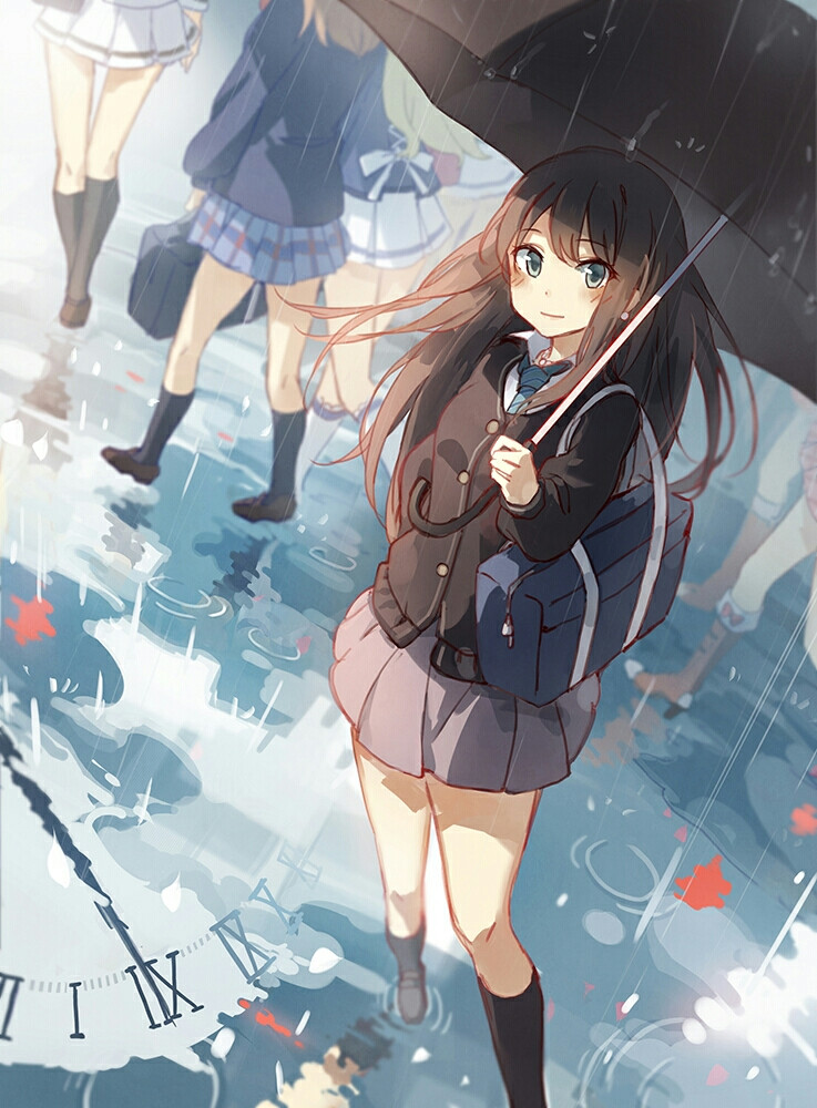 p站 少女 雨中 雨伞 唯美 插画