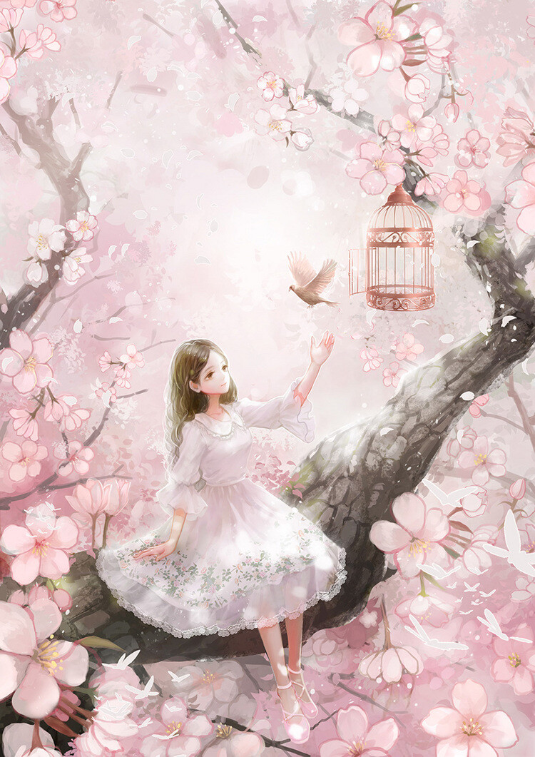 樱花树 飞鸟 女孩 白裙 粉红 唯美 壁纸 头像