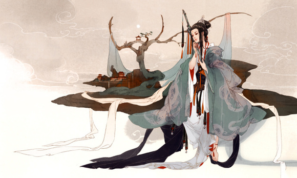 手绘古风水墨人物插画