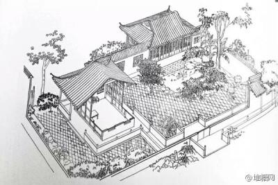 庭院,中国式,白描,绘画,中国古代建筑,亭台楼阁