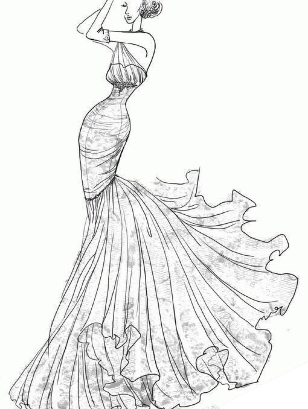 时尚_黑白线条】伊丽莎白婚纱定制手绘 手绘插画 素材 设计稿 铅笔画