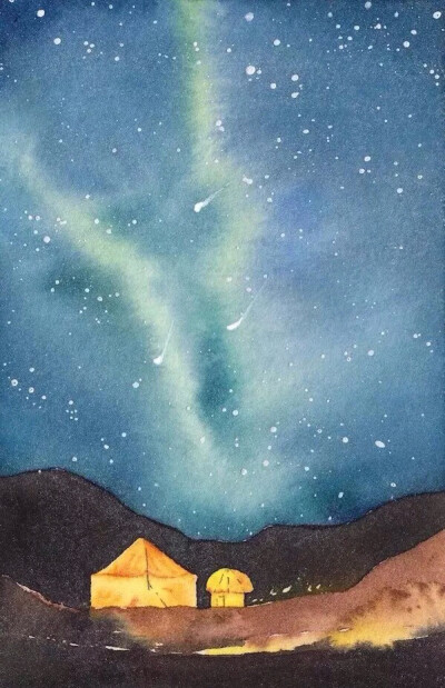 清新水彩画 手绘 星空 夜空 意境 清新淡雅 唯美插画