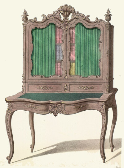 路易十四时期有写字桌和靠墙桌这类家具往往是木雕镀金,雕刻涡卷纹