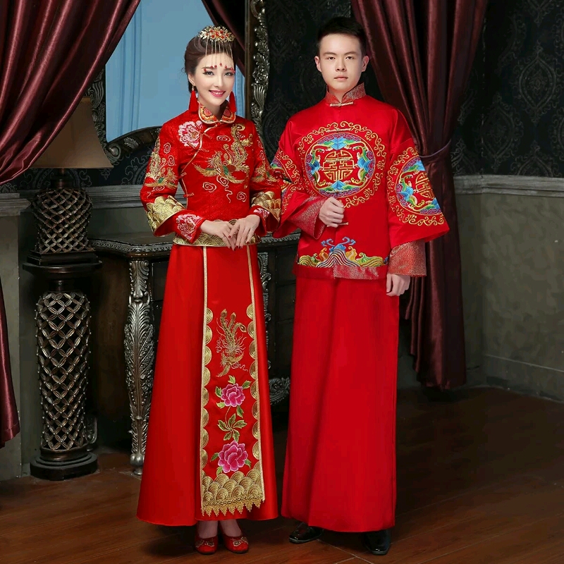 中式婚礼红色嫁衣新娘结婚敬酒服秀禾服复古龙凤褂男士结婚礼服