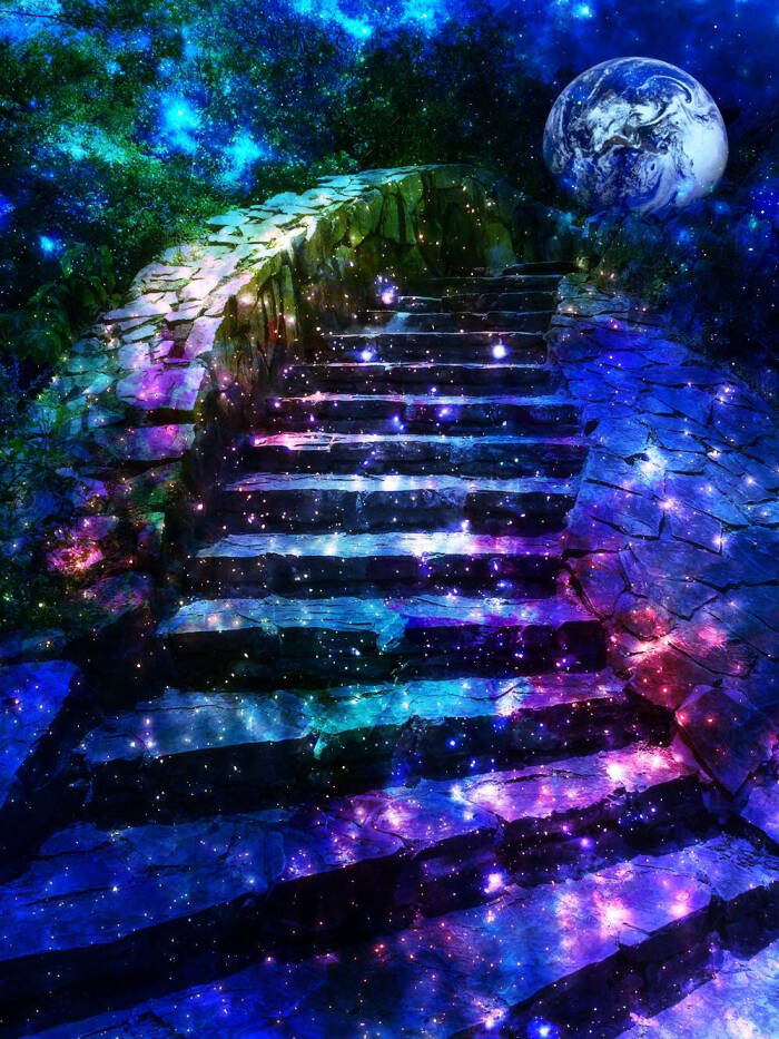 【侵删】#场景#星空#双重叠影#壁纸#楼梯#地球 〔画师:ソノ丸〕