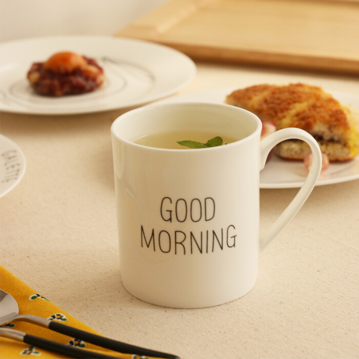 肆月goodmorning骨瓷马克杯陶瓷杯早餐牛奶杯茶水杯创意咖啡杯子