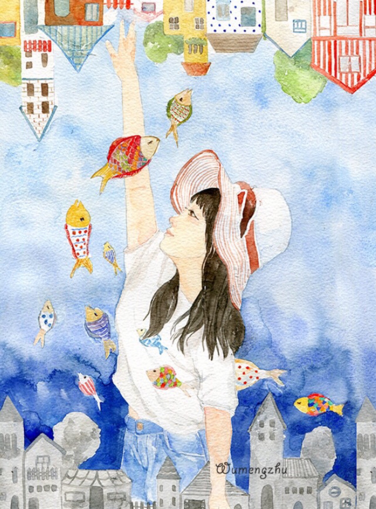 水彩画 女孩 手绘 插画